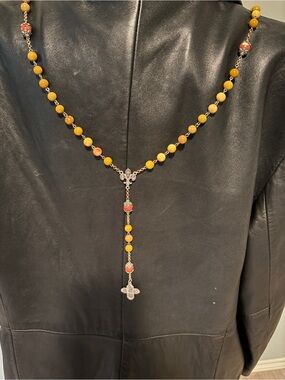 Yellow Handcrafted Beaded Rosary Cross Necklace